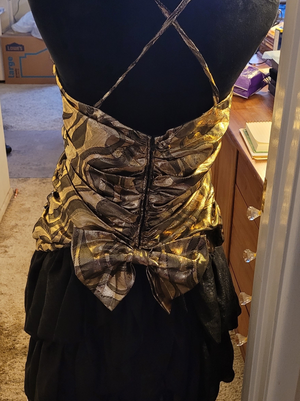 Hand Crafted Metallic Gold Ruched Bodice with Black Ruffle Mini - Picture 4 of 5